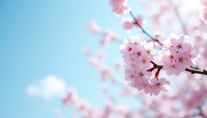 Obraz premium Delicate Cherry Blossom Branch Against a Soft Blue Sky Background