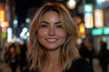 Young woman smiling in urban night scene with bokeh effect