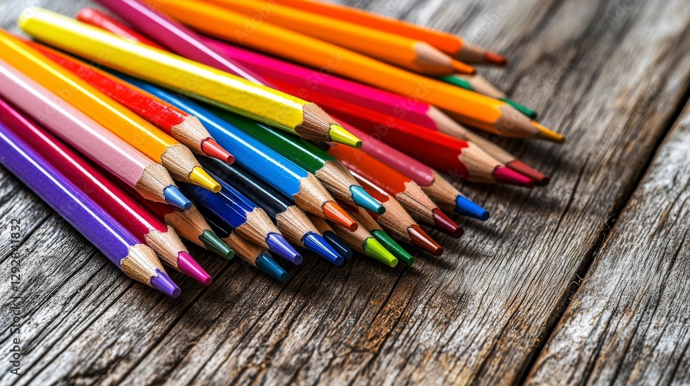 Poster artful display of colorful pencils on rustic wooden surface creative photography artistic environmen