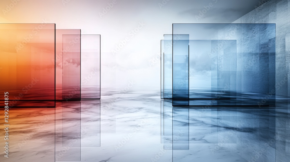 Aufkleber translucent glass layers intersecting modern studio abstract art serene atmosphere wide angle elegan