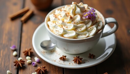 Creamy Hot Beverage with Whipped Topping and Flavorful Garnish