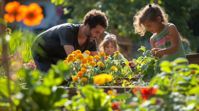 Families interact joyfully while children help cultivate colorful vegetables and flowers, showcasing the essence of sustainable living and community connection in urban gardening