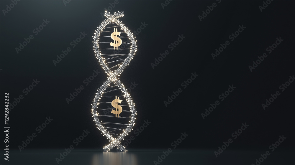 Poster dna of wealth: a captivating image of a dna double helix structure, shimmering with gold and sparkli