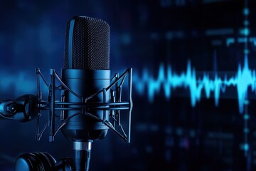 Audio waveform mic backdrop for podcast or radio studio with space for text