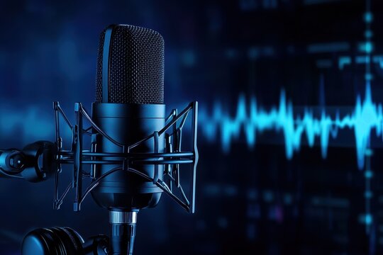 Audio waveform mic backdrop for podcast or radio studio with space for text