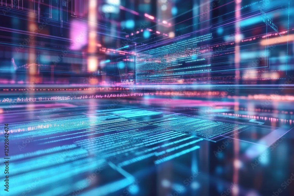 Aufkleber Digital abstraction of data streams illuminated in vibrant colors showcases technology in a modern virtual environment. Generative AI