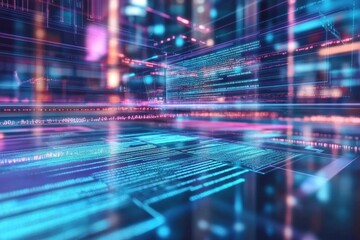 Fototapeta premium Digital abstraction of data streams illuminated in vibrant colors showcases technology in a modern virtual environment. Generative AI