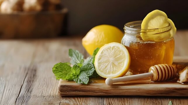 Ginger tea honey lemon and mint leaves on wooden