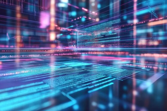 Digital abstraction of data streams illuminated in vibrant colors showcases technology in a modern virtual environment. Generative AI