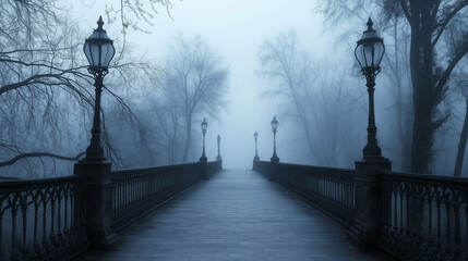Fototapeta premium Mystical Bridge in Fog: A long, ornate bridge disappears into a heavy, ethereal fog, lined with vintage street lamps, creating a sense of mystery and solitude.
