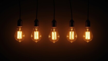 Vintage Light Bulbs Hanging in a Row Against Dark Background