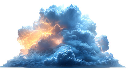 A breathtaking storm cloud, bursting with raw energy and dramatic lightning strikes, against a bright white background showcasing its intense power and beauty.