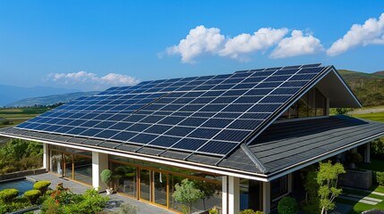 A modern eco-friendly house boasts solar panels on its roof, set amid lush landscaping under a clear sky with fluffy clouds, highlighting renewable energy