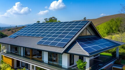Fototapeta premium Rooftop solar panels shine brightly on a sustainable home, surrounded by lush greenery. The aerial view highlights the seamless integration of clean energy with modern design