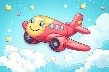 Fototapeta premium Cute cartoon airplane flying above the clouds and smiling