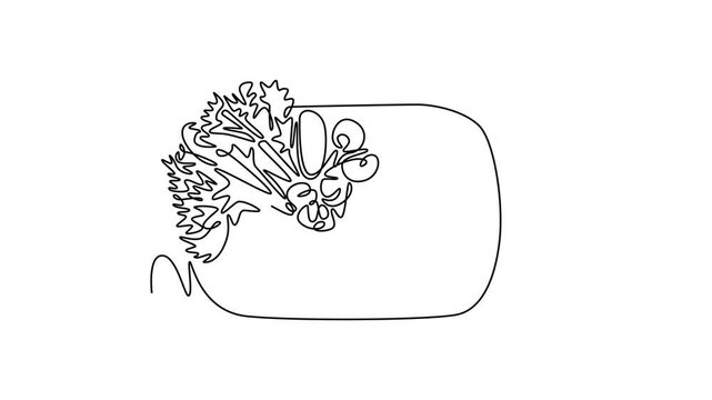 Self drawing animation of single line draw top view wicker basket with full of raw vegetables for groceries logo. Harvest result from agriculture process. Continuous line draw. Full length animated