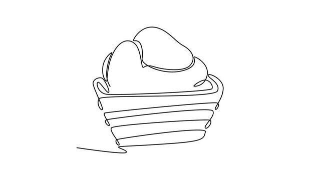 Self drawing animation of single line draw wooden basket with full of fresh mango fruit for groceries logo. Healthy food contains vitamin for diet program. Continuous line draw. Full length animated