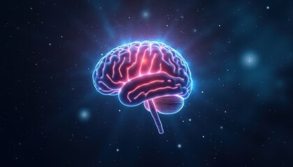 Glowing Neon Brain Digital Illustration in Cosmic Space Environment