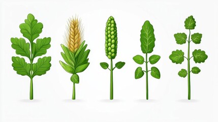 Fototapeta premium Collection of various green plant leaves on a white isolated background.