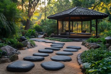Stone path leading to gazebo in peaceful Japanese garden during sunset