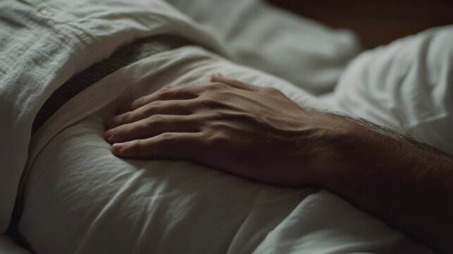 Abdominal pain from stress, a person lying down with a hand on their stomach. Featuring discomfort and relaxation