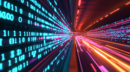 Fototapeta premium Colorful binary code flowing through digital tunnel
