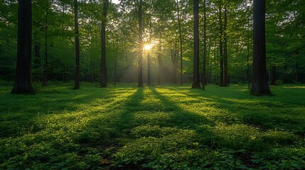 Obraz premium Sunlit forest sunrise, misty meadow, peaceful nature scene, idyllic background