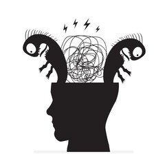 Fear, phobia shown as scary black monster shadows in human head. Concept of mental disorder, burnout, phobia or panic attacks. Design isolated on white background.