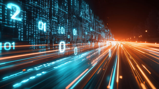 Futuristic background with glowing binary code and light trails