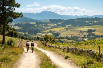 Cyclists enjoying mountain biking in the French Pyrenees mountains