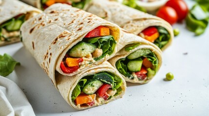 School cafeteria with students eating fresh wraps with hummus. Featuring whole-grain wraps, hummus, and veggies