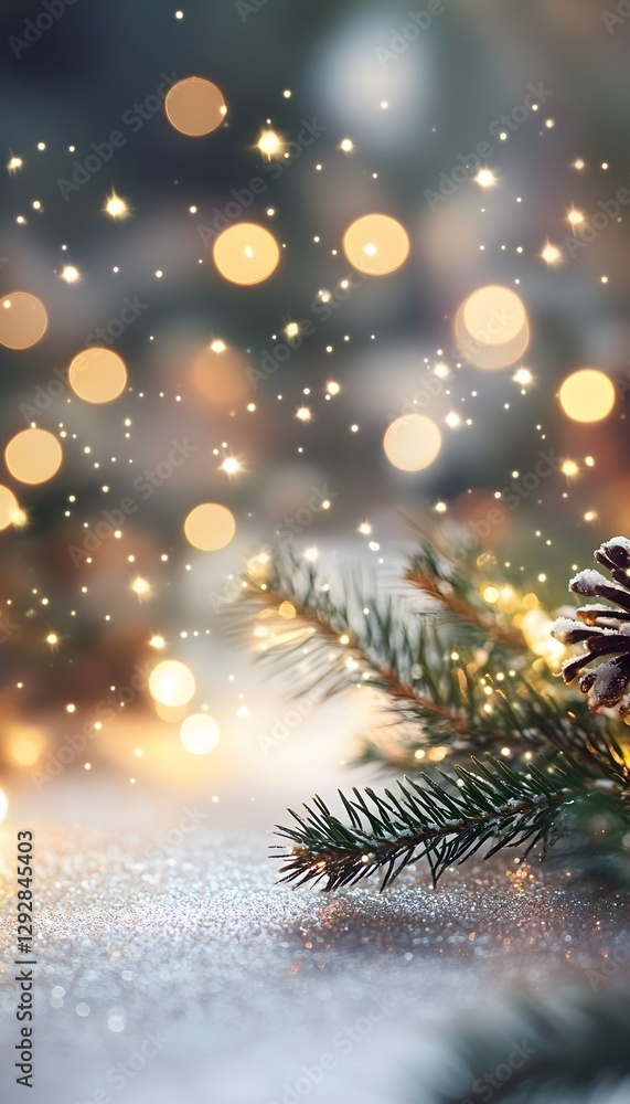 Aufkleber evergreen sprig and pinecone with bokeh lights in soft focus