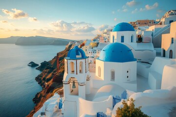 Charming whitewashed church with blue domes overlooking the Aegean Sea in Santorini, Greece
