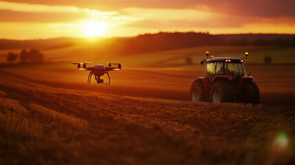 Fototapeta premium tractor and drone in sunset over field landscape