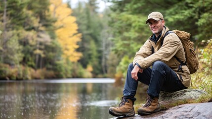 A man in a tan outdoors jacket, navy pants, and hiking boots, sitting on a rock by a lake in a serene forest setting