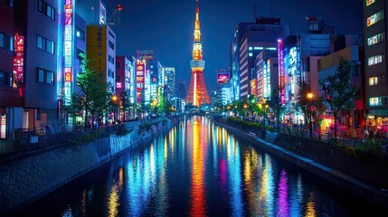 Obraz premium A night on the neon street in downtown Shinjuku, Tokyo. Wide shot of vibrant city life with neon lights, perfect for urban, nightlife, or travel-related designs. 
