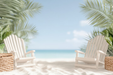 Tranquil beach scene with empty chairs on sandy shore amidst palm leaves under clear sky