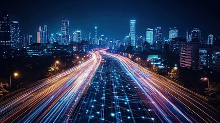 Fototapeta premium A Night-Time Highway with Long, Colorful Light Trails from Fast-Moving Vehicles, Representing Digital Innovation, Technological Growth, and the Future of Connectivity.