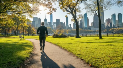 Hypertension patient taking a brisk walk in an urban park. Featuring exercise and cardiovascular health