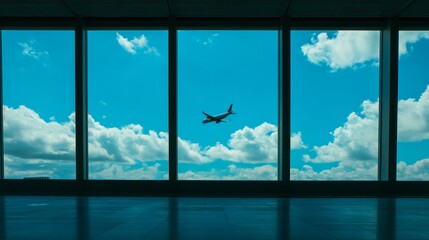 Fototapeta premium Realism photo of at airport terminal. view from airport looked out. big window glass. airplane flying on blue sky background.