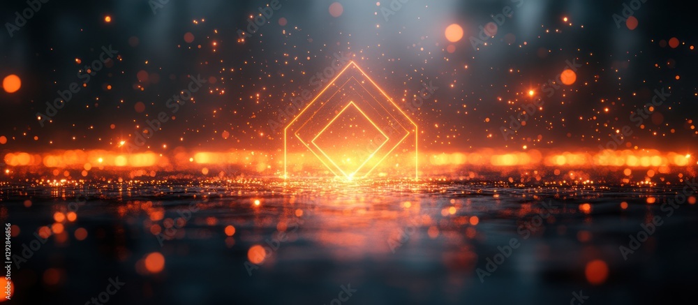 Poster glowing orange geometric shape on dark background with bokeh lights.