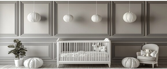 White crib in a nursery with decorative lamps
