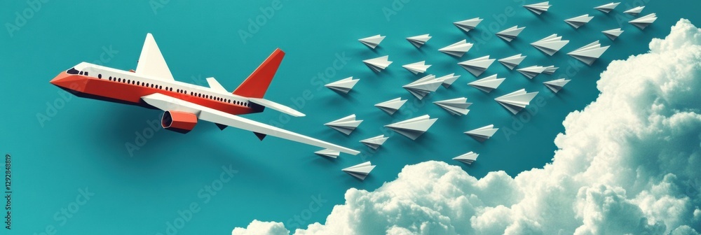 Poster red and white airplane leads formation of paper planes against a bright blue sky symbolizing guidanc