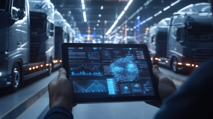Futuristic digital tablet displaying data in truck warehouse
