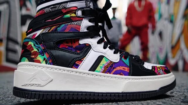Close-up, low-angle video of vibrant, graffiti-inspired sneakers on an urban street, highlighting bold colors and artistic street style.