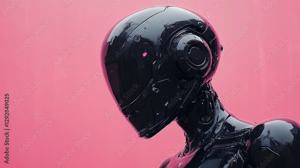 Aufkleber black futuristic robot with sleek helmet and single pink eye against pink background. sci-fi technol