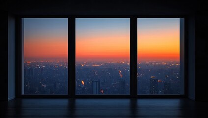 Empty room, sunset city view