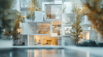 Modern glass house architecture design with trees and pool home room white style urban luxury bright