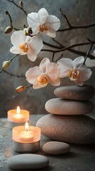 White orchid flowers, burning candles and zen stones creating relaxing atmosphere