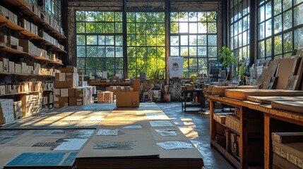 Bright and airy interior of a creative workspace filled with art supplies and sunlight